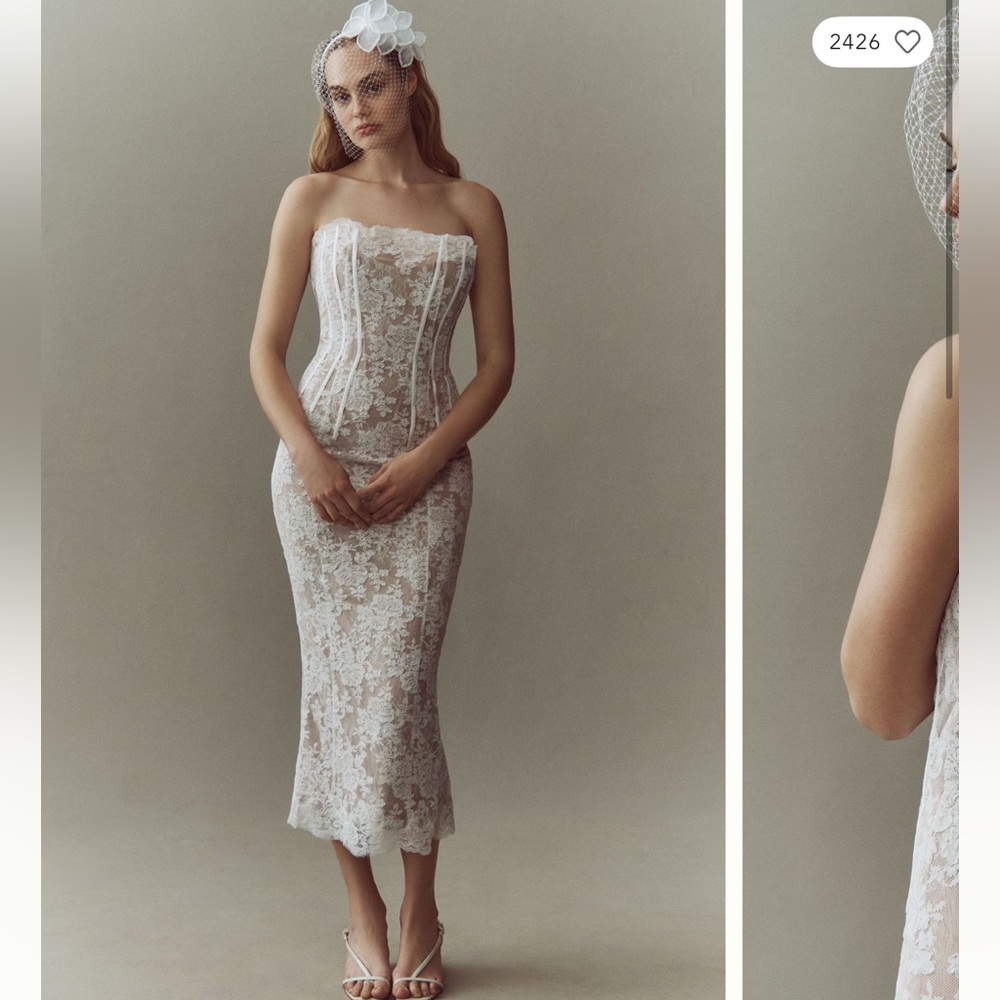 V. Chapman Strapless White Lace Midi Dress